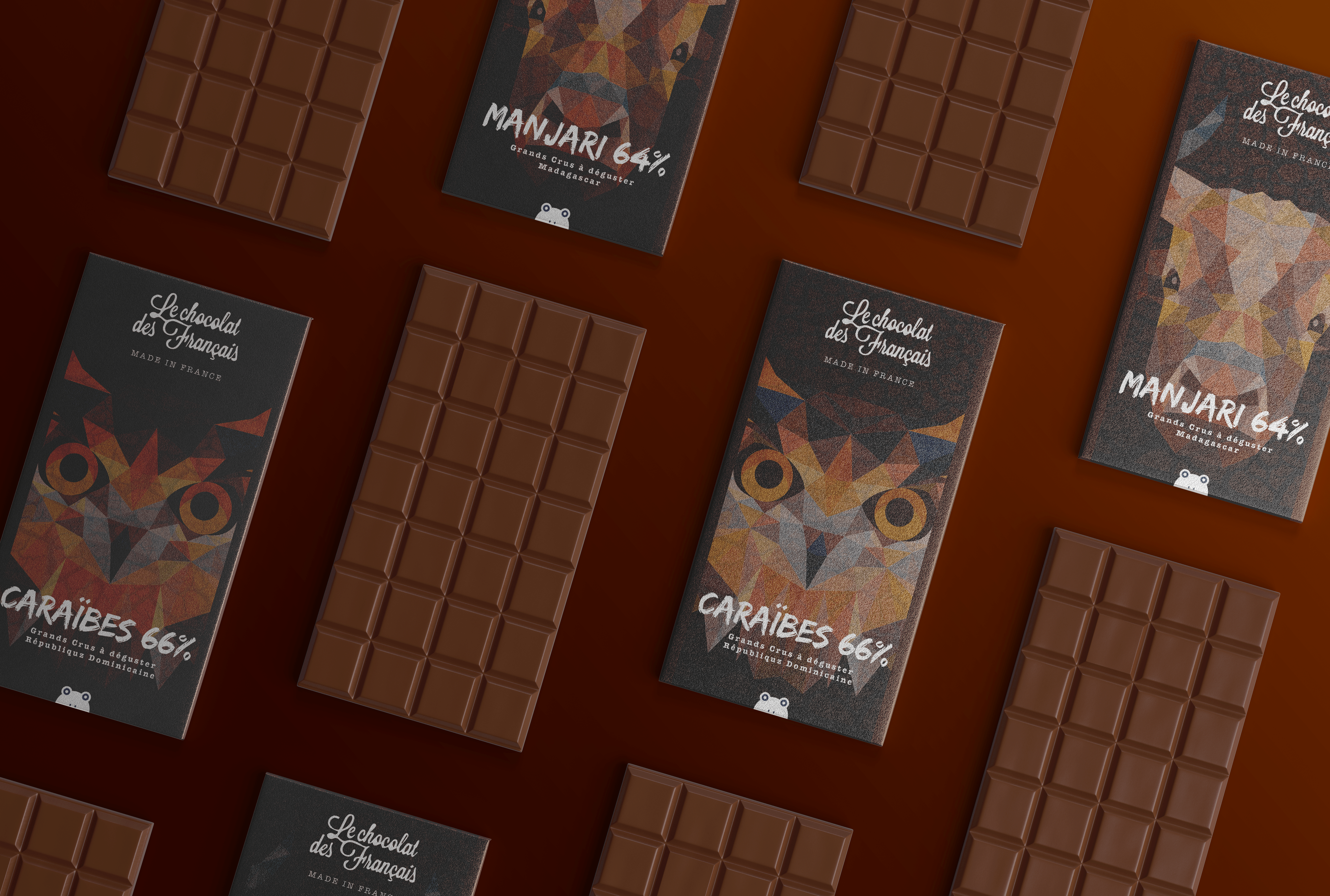 Habillage de packaging d'une gamme du Chocolat des Français, par Mathilde Vassallo pour Carton Graphique.