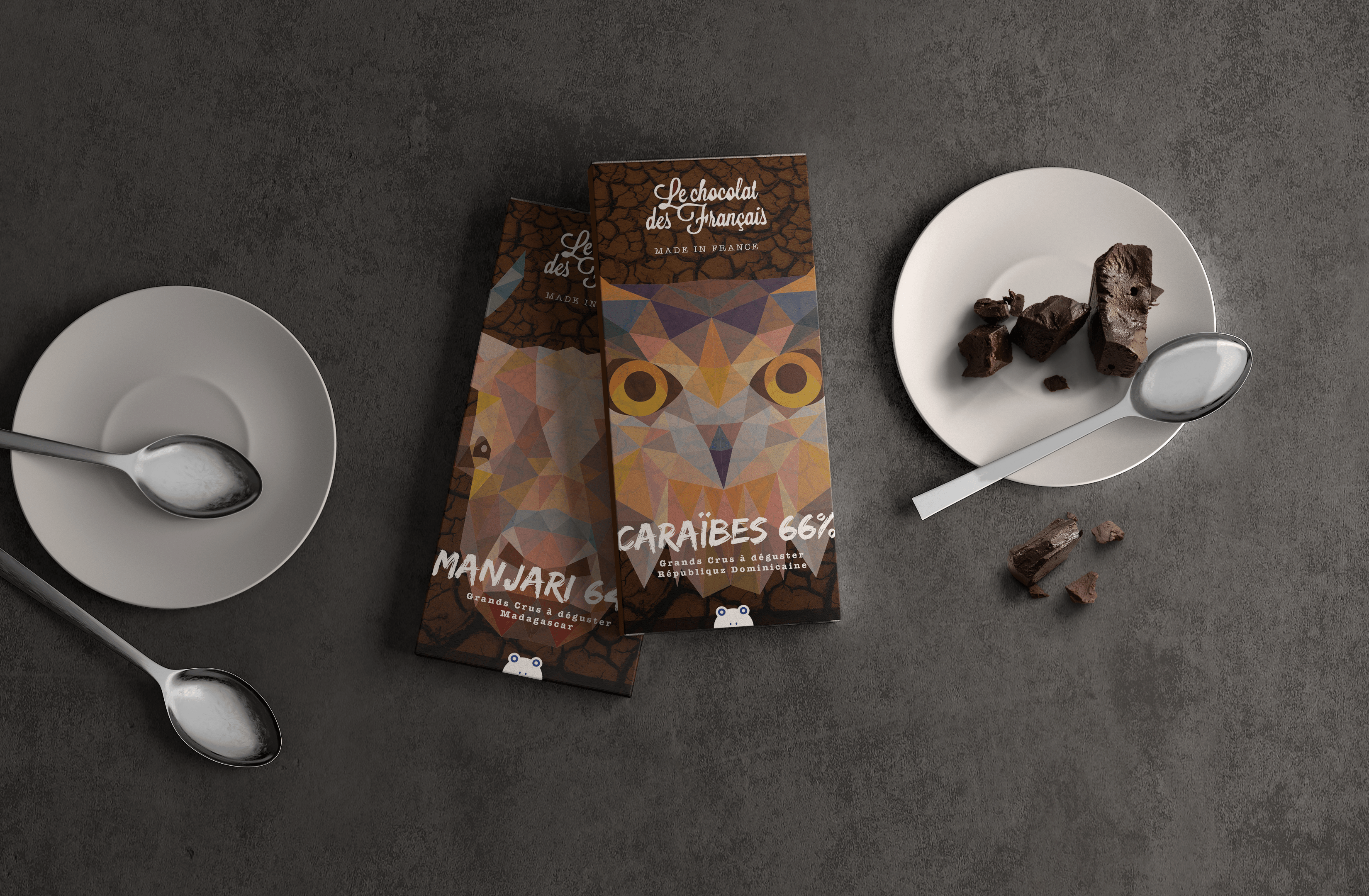Habillage de packaging d'une gamme du Chocolat des Français, par Mathilde Vassallo pour Carton Graphique.