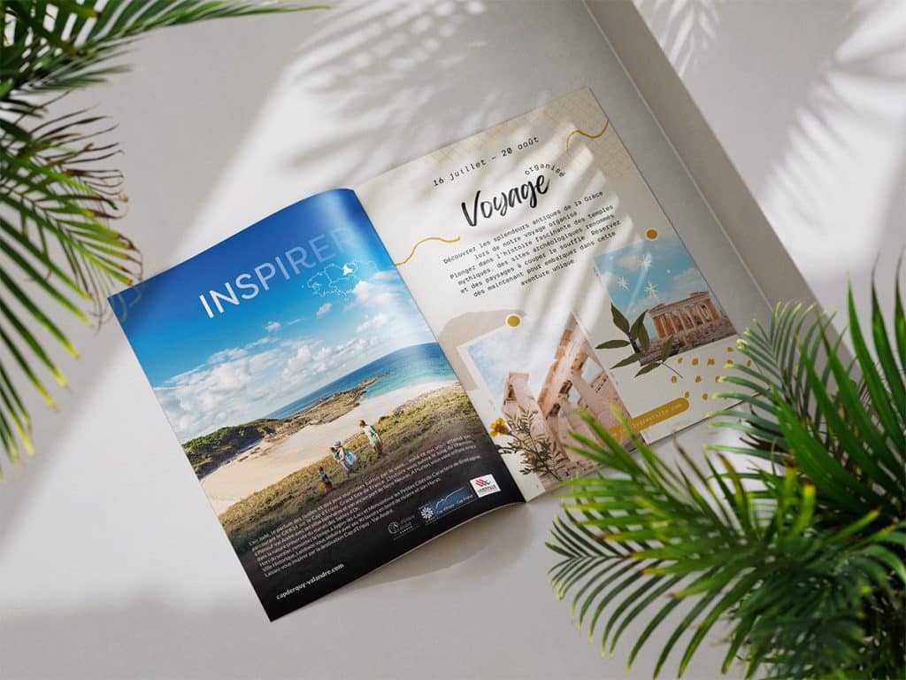 Maquette d'une page de publicité pour la destination LTM Tourisme, par Mathilde Vassallo.