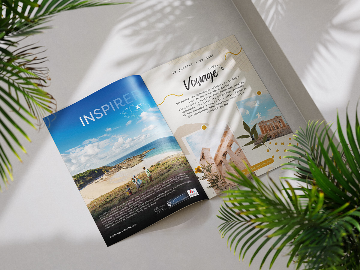 Maquette d'une page de publicité pour la destination LTM Tourisme, par Mathilde Vassallo.